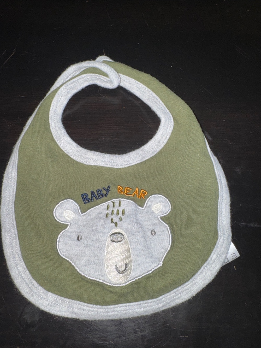 Carter's Olive Green Baby Bib with Gray Bear Applique